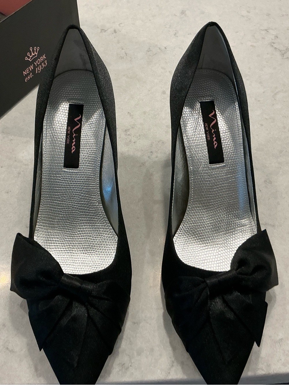Nina Black Pointed Toe Bow Pumps with Silver Insole